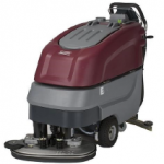 Walk-behind floor scrubber by Minuteman featuring a maroon and gray machine.